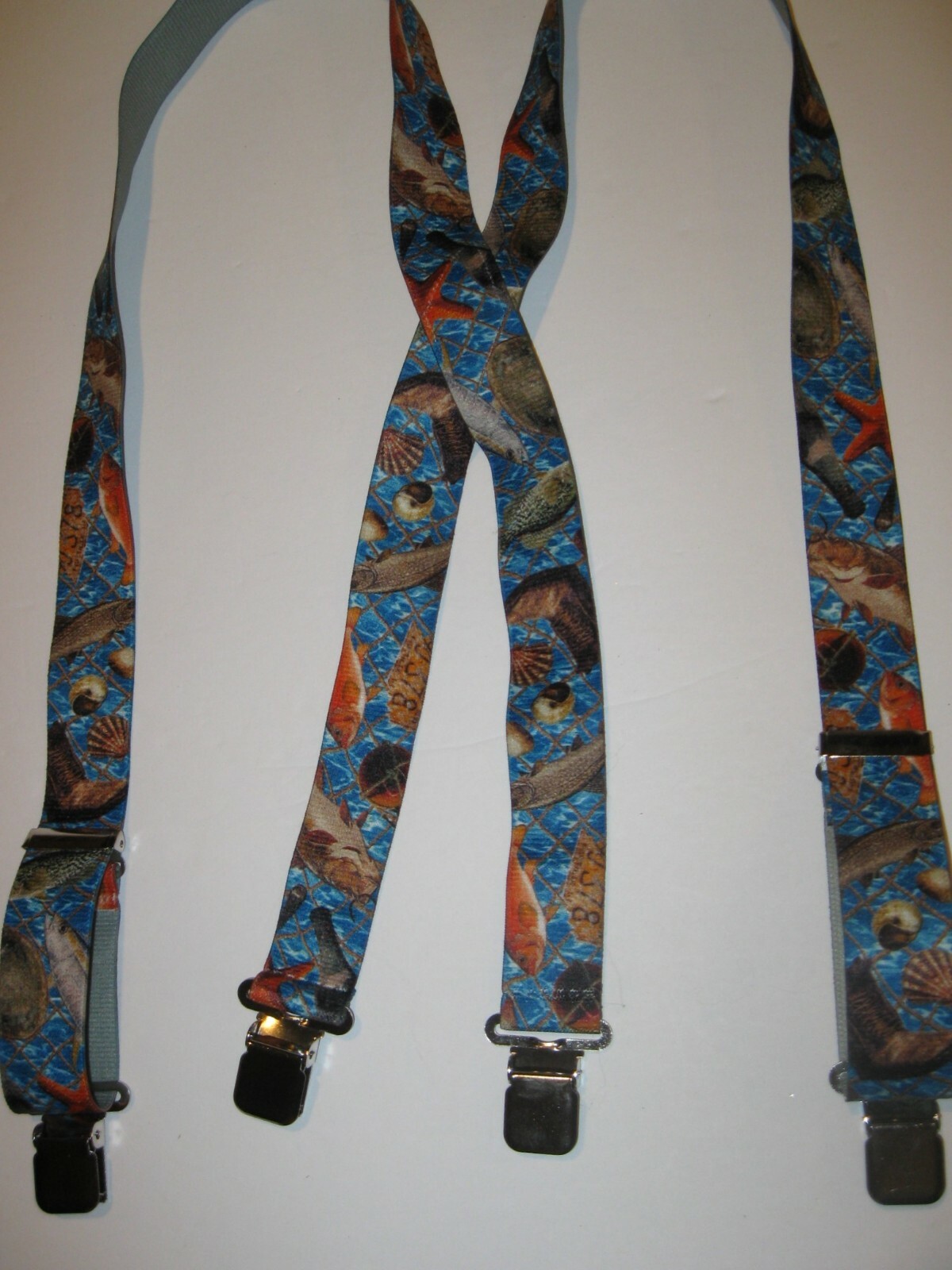 Men’s X Style Suspenders with Salt Water Fish Design, Loop Snap, USA Made
