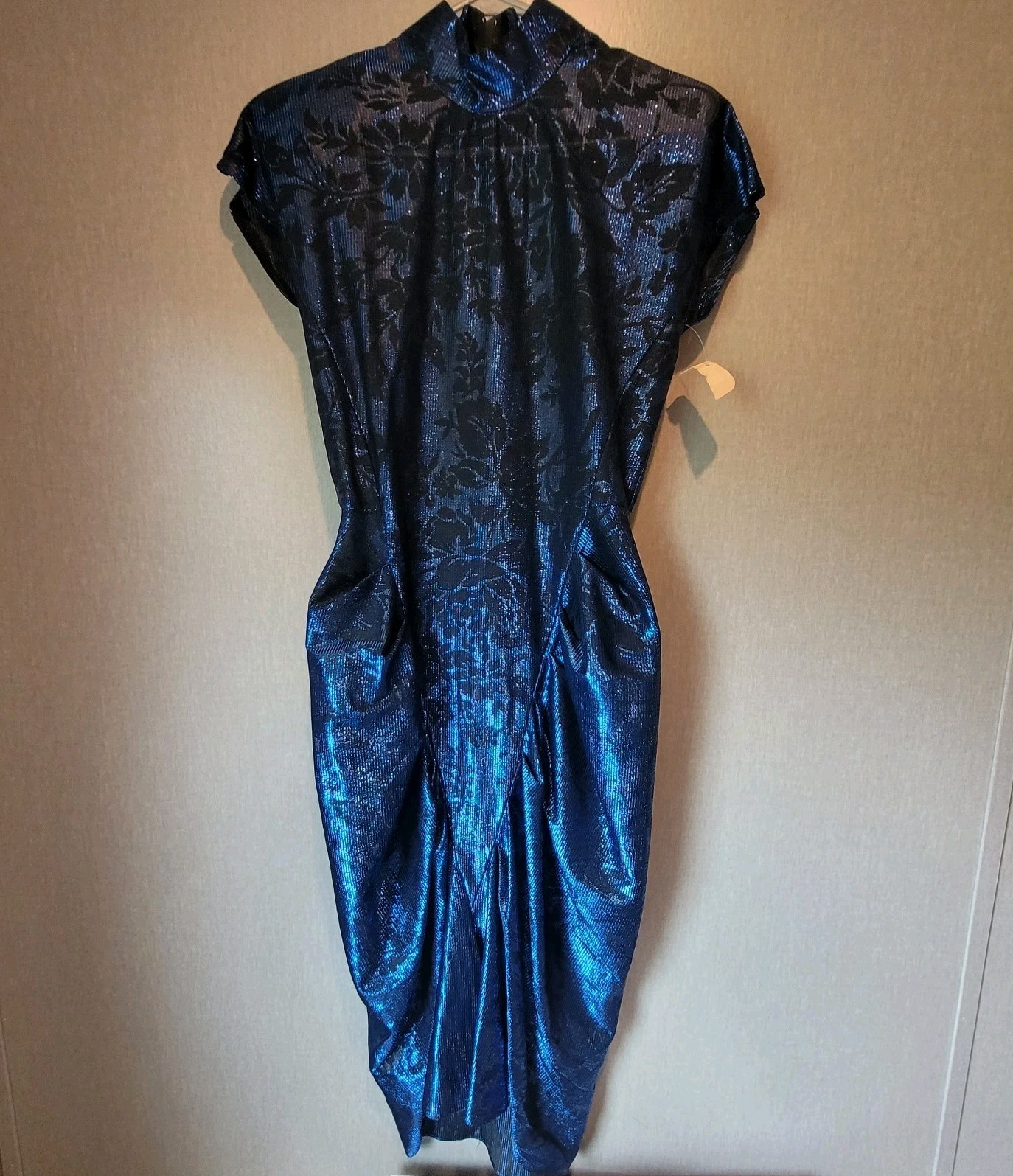 NWT VTG 80s Wayne Diamond Metallic Blue Mock Neck Tulip Midi Dress 5/6