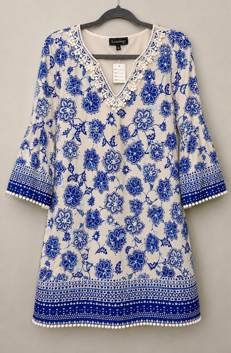 Luxology Blue White Floral V-Neck 3/4 Bell Sleeve Shift Dress Lace Pom M