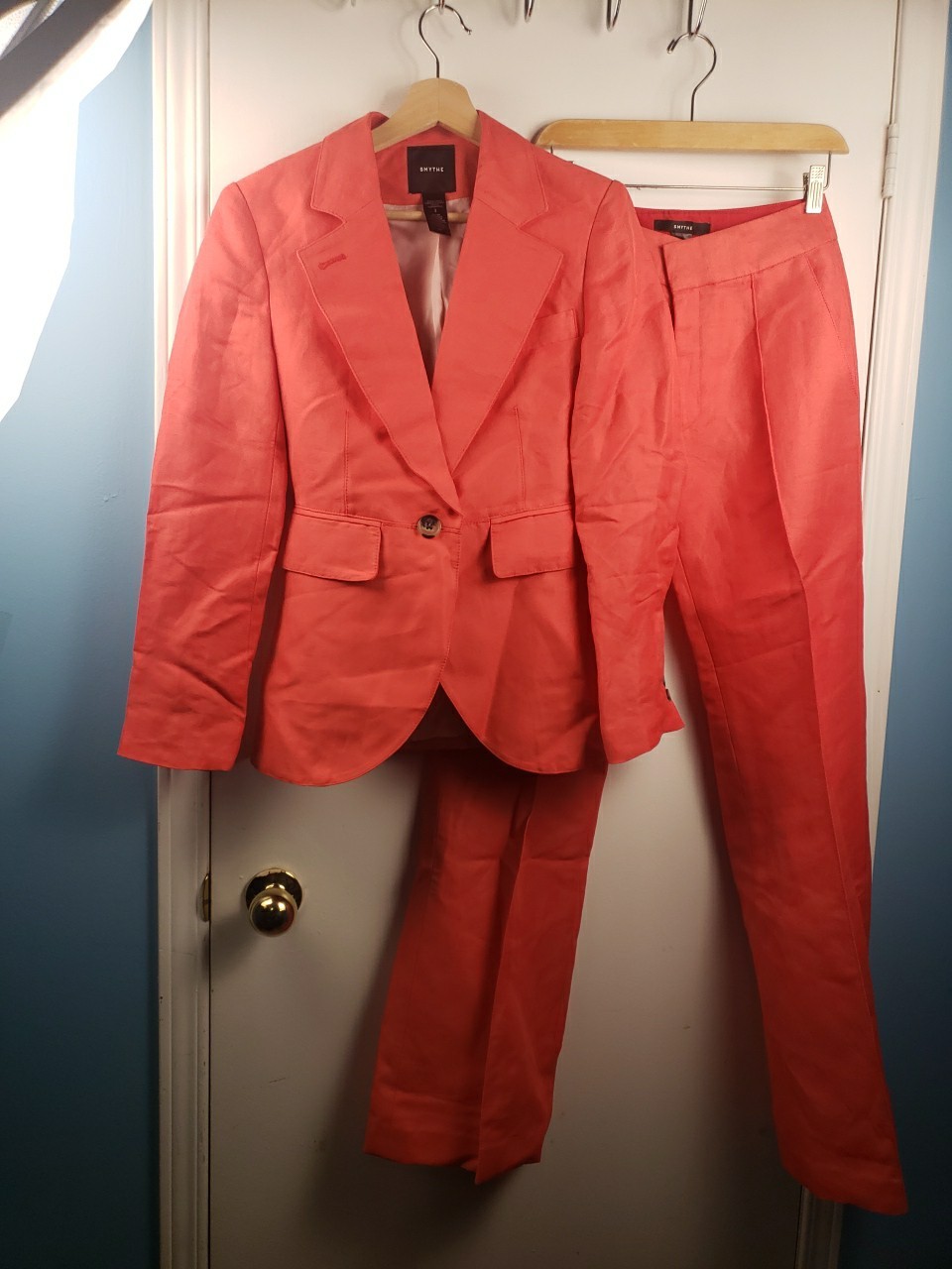 Smythe Seamed Blazer and Wide Leg Pant in Poppy Nwot Linen Blend Size US 2