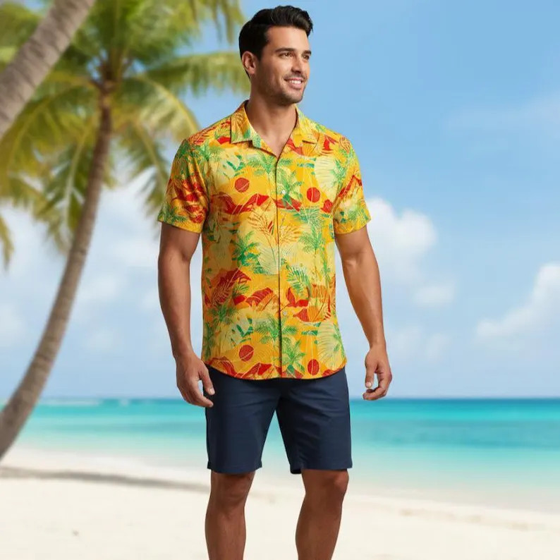 Hawaiian Shirt Men Yellow Leaf Print Aloha Beach Tropical Summer Vacation Party