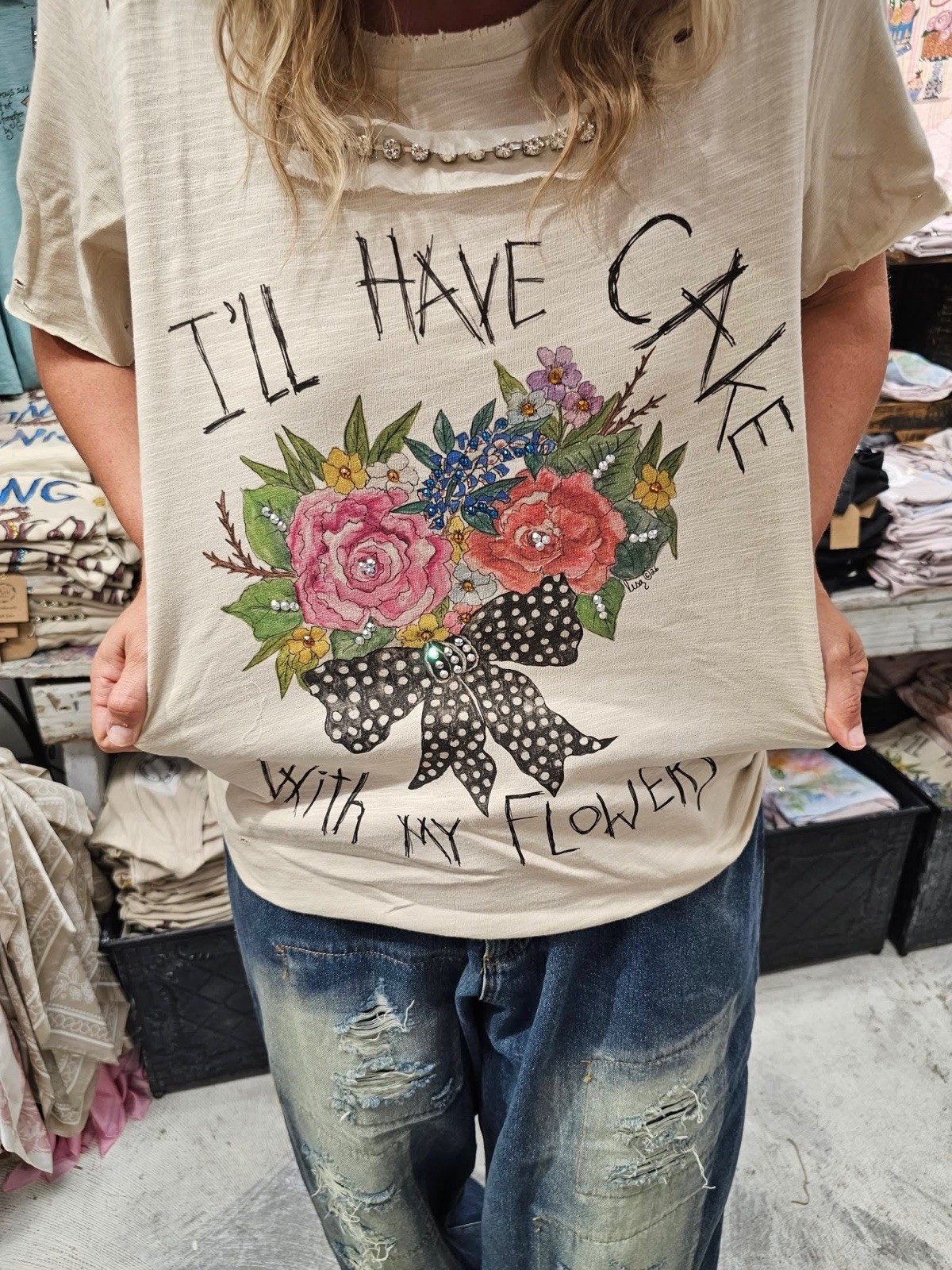 NWT – A Rare Bird – I’ll Have Cake with Flowers Tattered Tee – S/M