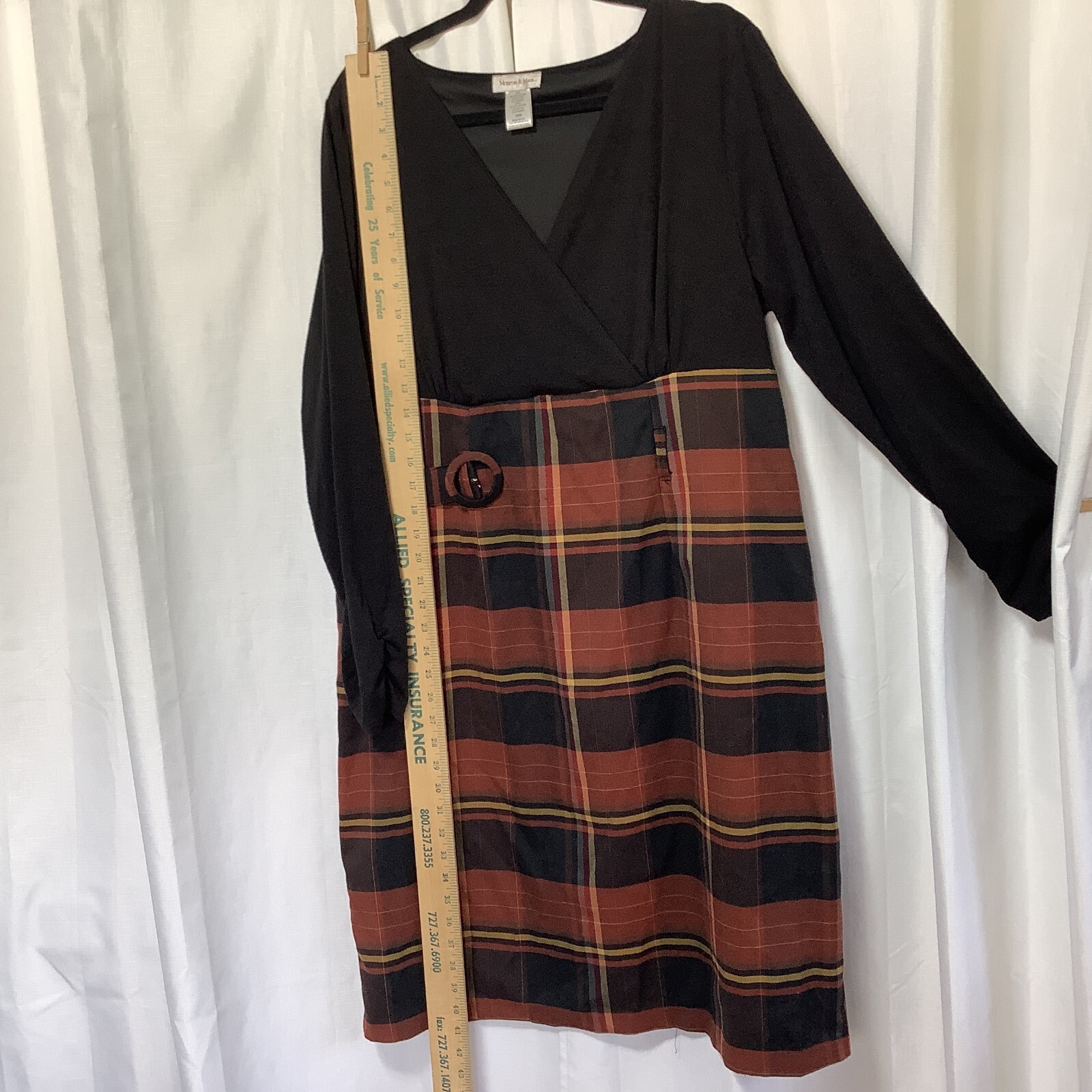 Monroe & Main Belted Midi Dress Vtg Size 18W Plaid Black Brown Yellow USA-Made