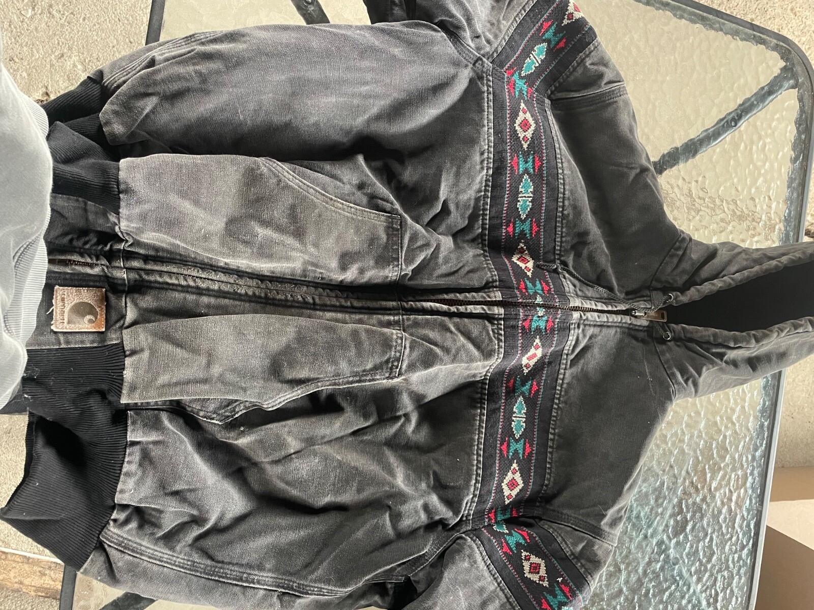 Vintage Carhartt Southwest Aztec Hooded Jacket JR0005 Black/Grey Distressed sz M