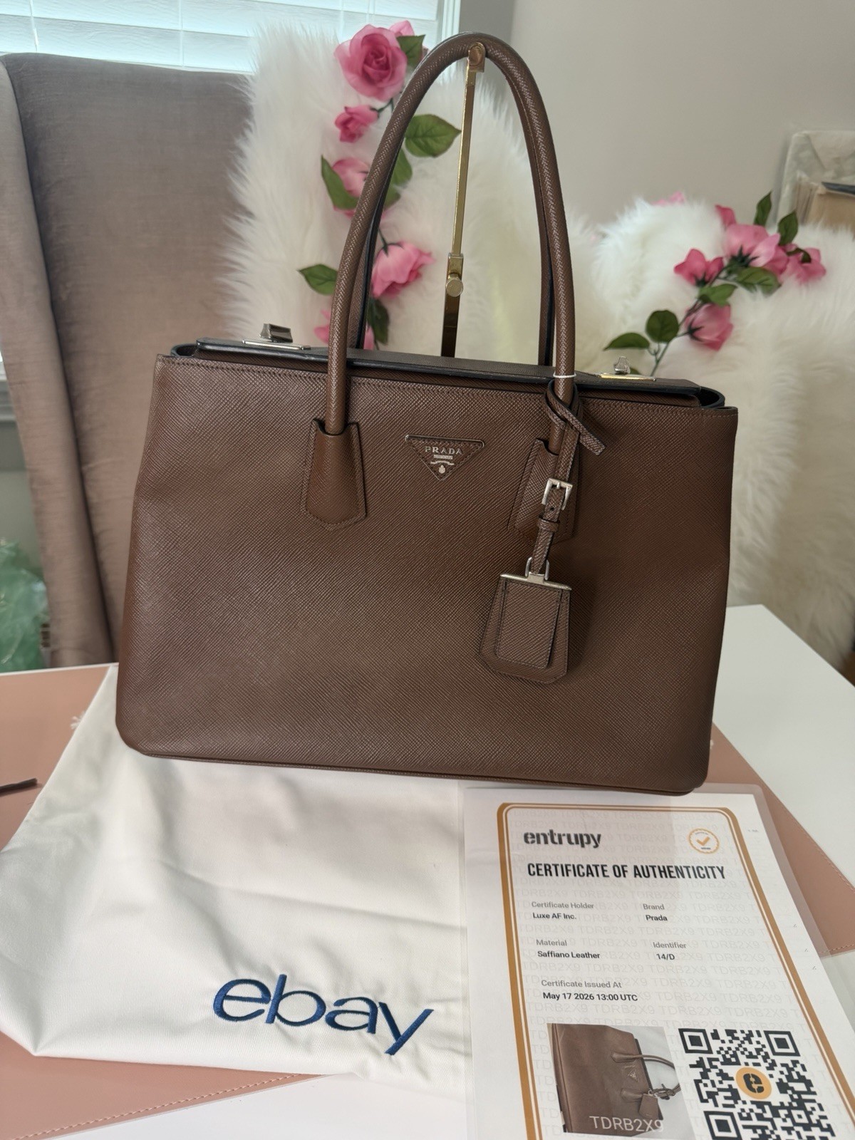 Prada Galleria Double Zip Tote Brown Saffiano Executive Handbag w/ 2 COA