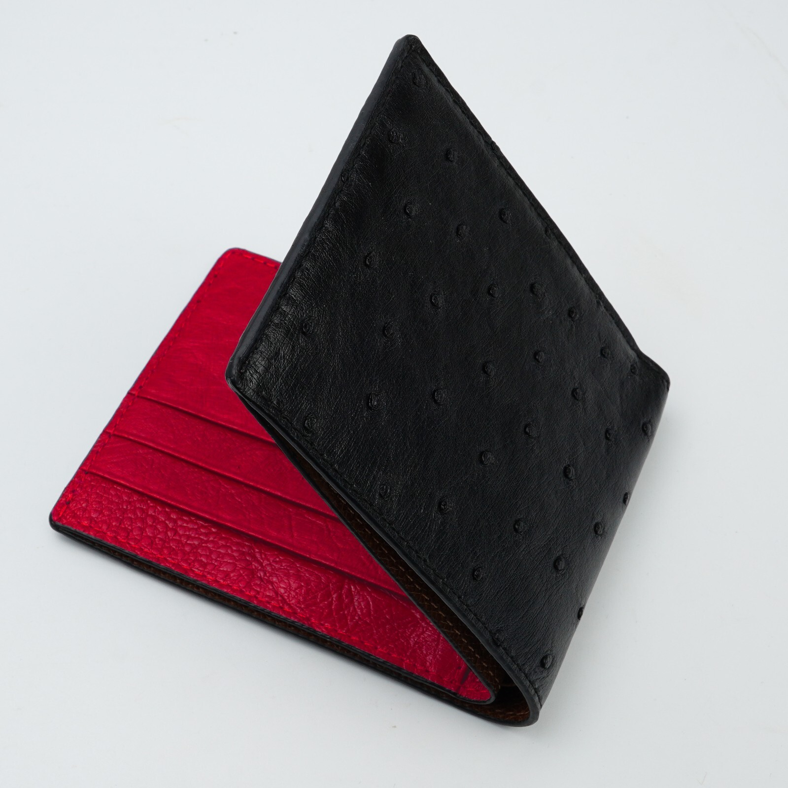 Genuine Ostrich Black/Red Bifold Leather Wallet Men’s Skin Wallet Handmade