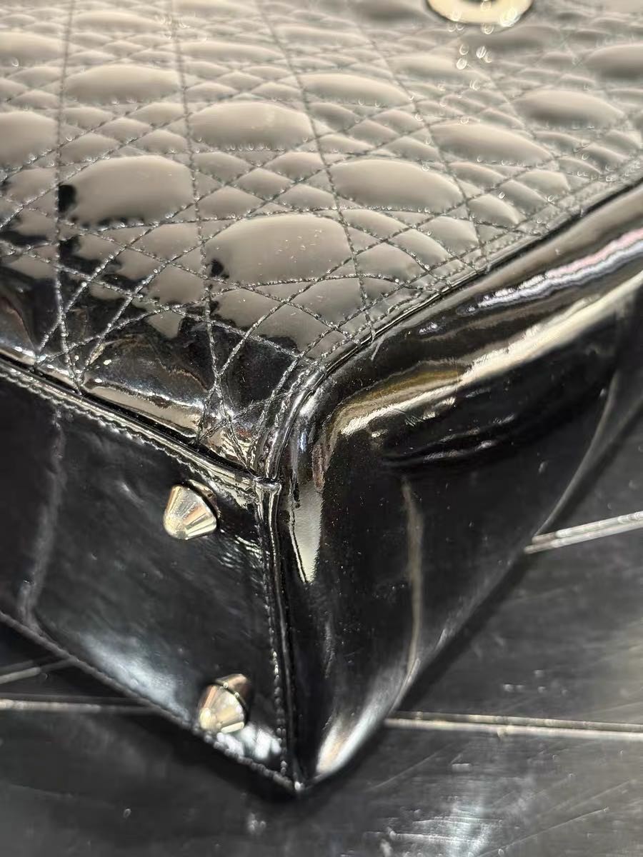 Authentic Christian Dior Black Patent Leather Lady Dior Bag
