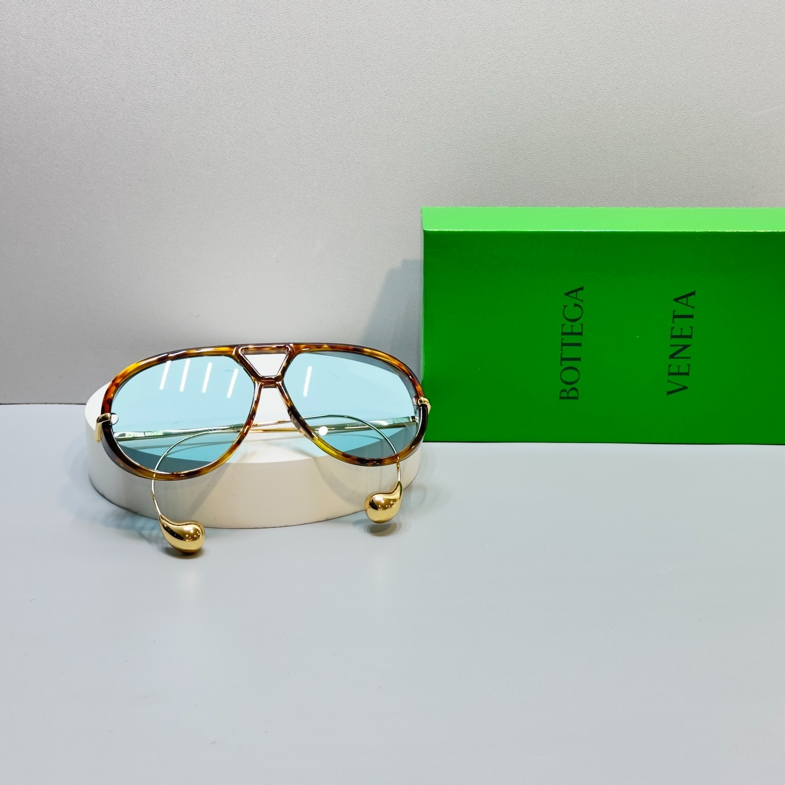 Bottega Veneta BV1273S Tortoise Gold Blue Lens Aviator Sunglasses New w/ Box