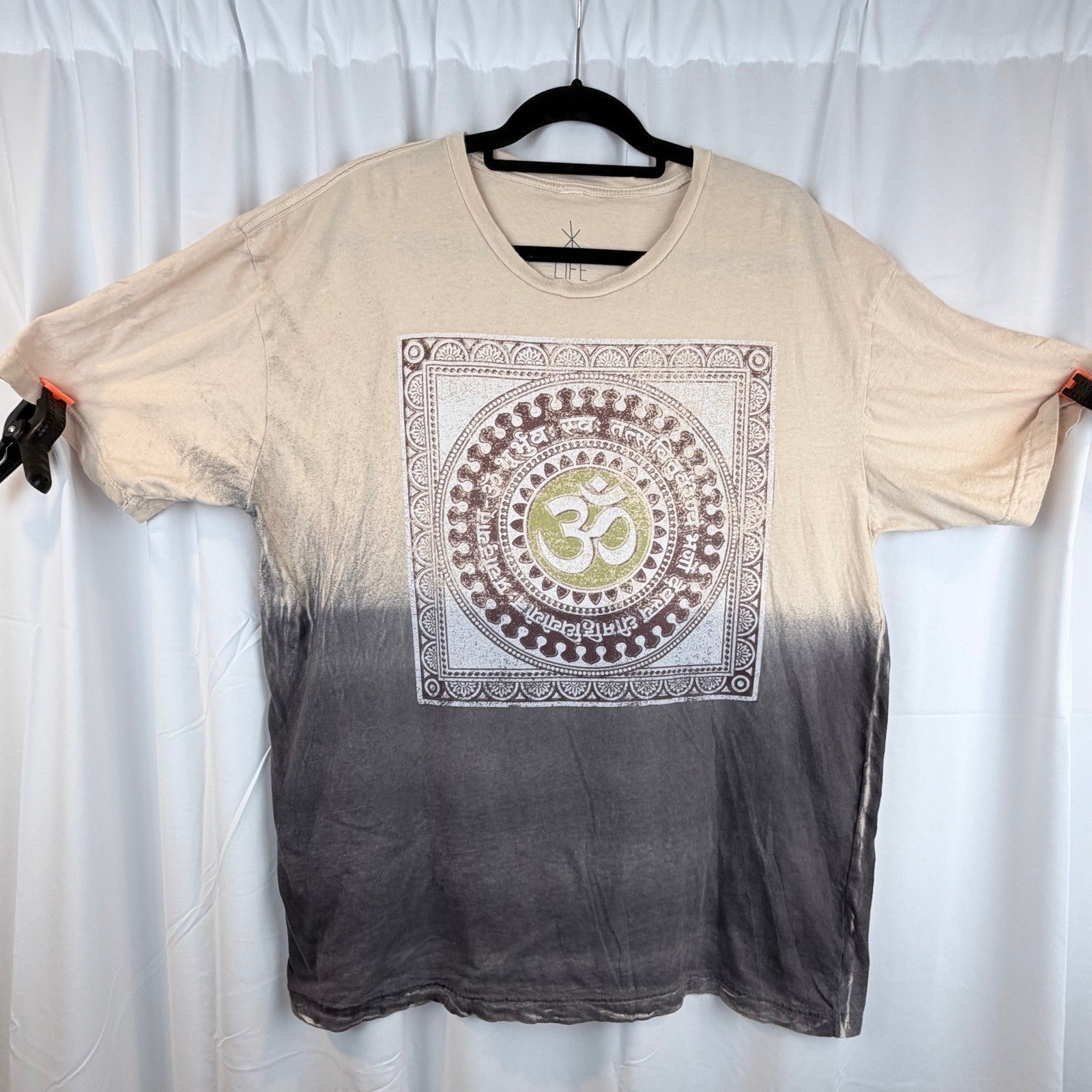 Life Clothing Co Om Mandala Graphic Tee Mens XXL Tan Gray Dip Dye Cotton Shirt