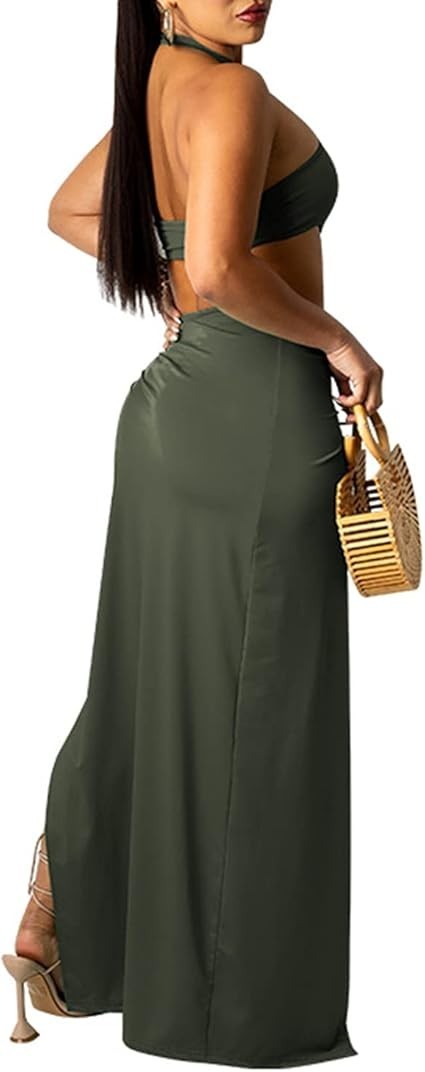 Womens Halter Neck Cut Out Backless High Slit Party Long Maxi Dress Green XL