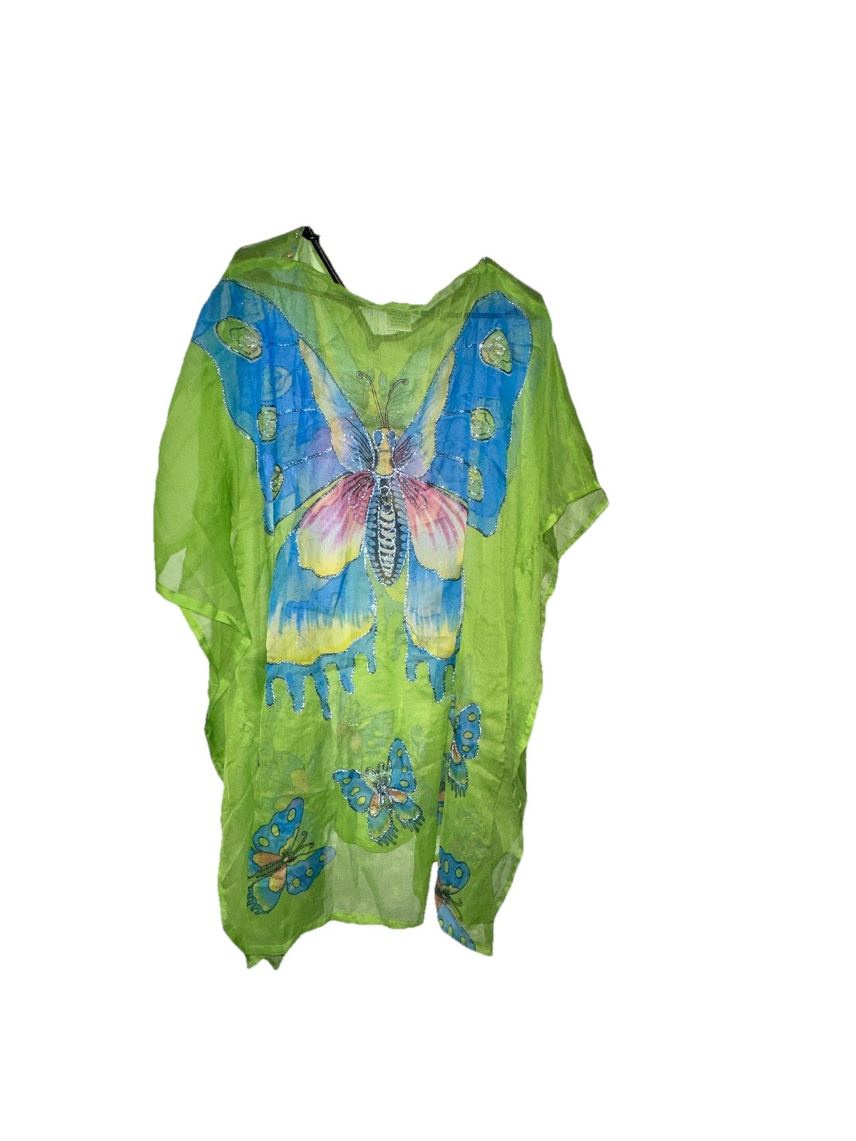Lime green, sheer butterfly kaftan blouse & beach cover-up One Size Fits Most