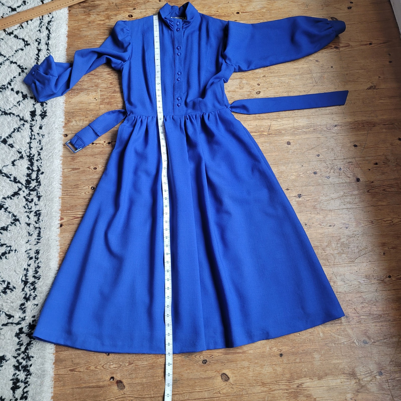 Marion Donaldson Vintage Deep Blue Wool Midi Dress Belted Pockets 10 12 Uk