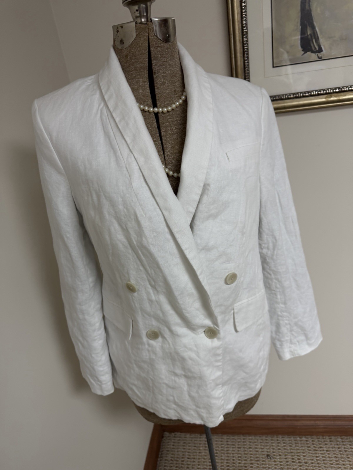 Banana Republic Blazer Size 8 Double Breasted White Linen Long Line Jacket BR