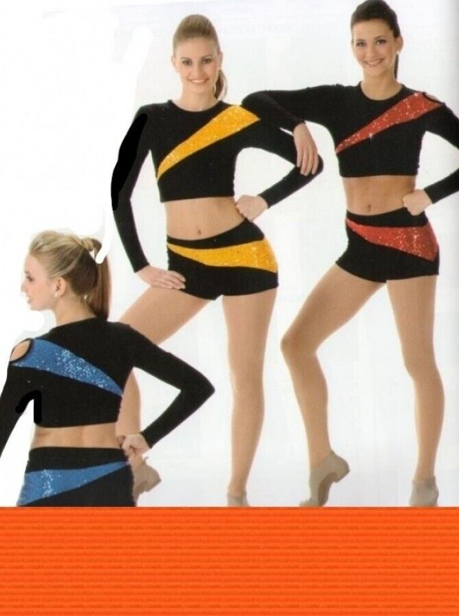 Pep Squad ORANGE Dance Costume Velvet & Sequin Shorts & Crop Top Child L to AXL