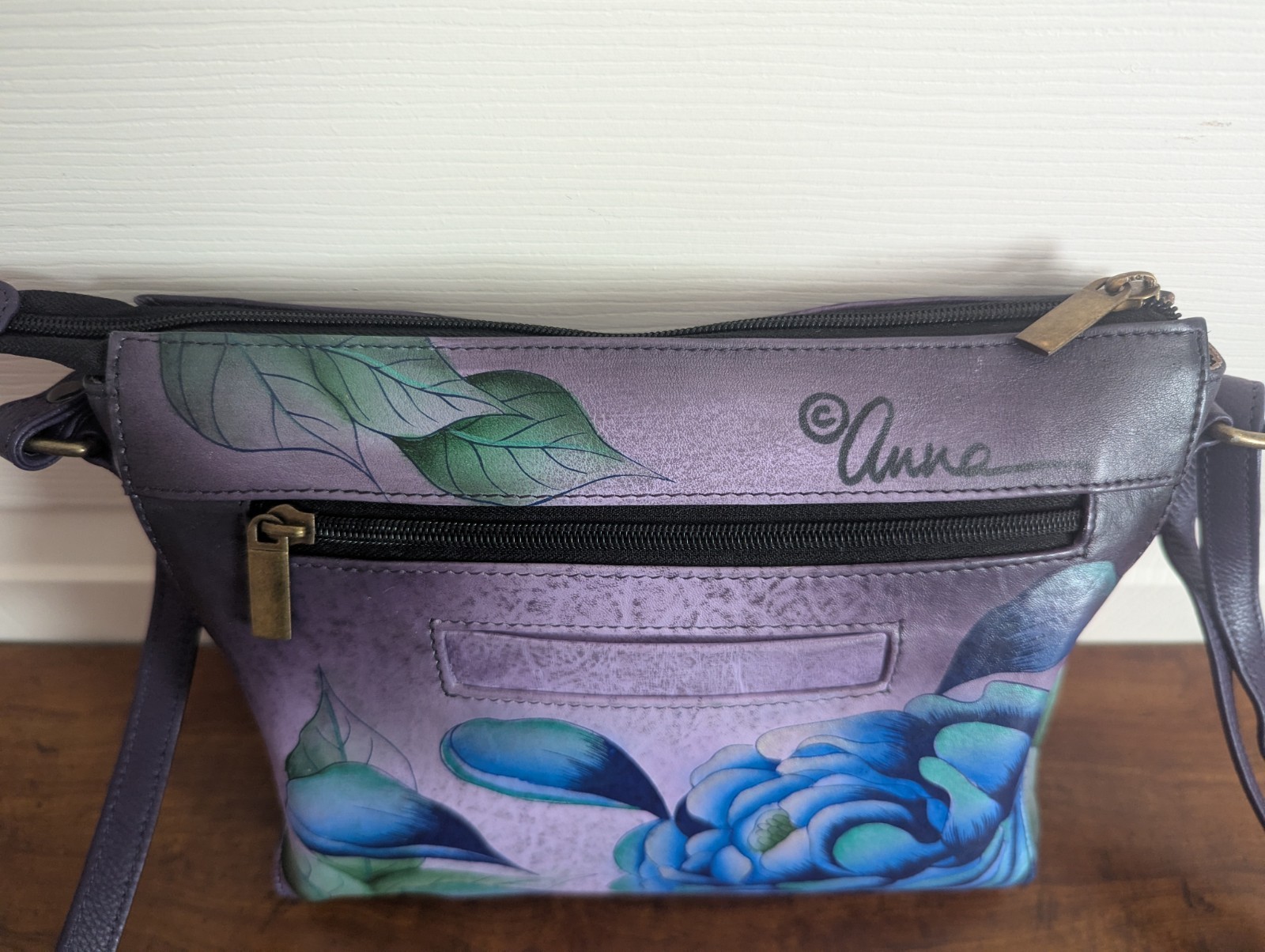 Anna Anuschka Hand Painted Medium Crossbody Purse Bag “Precious Peony Eggplant”