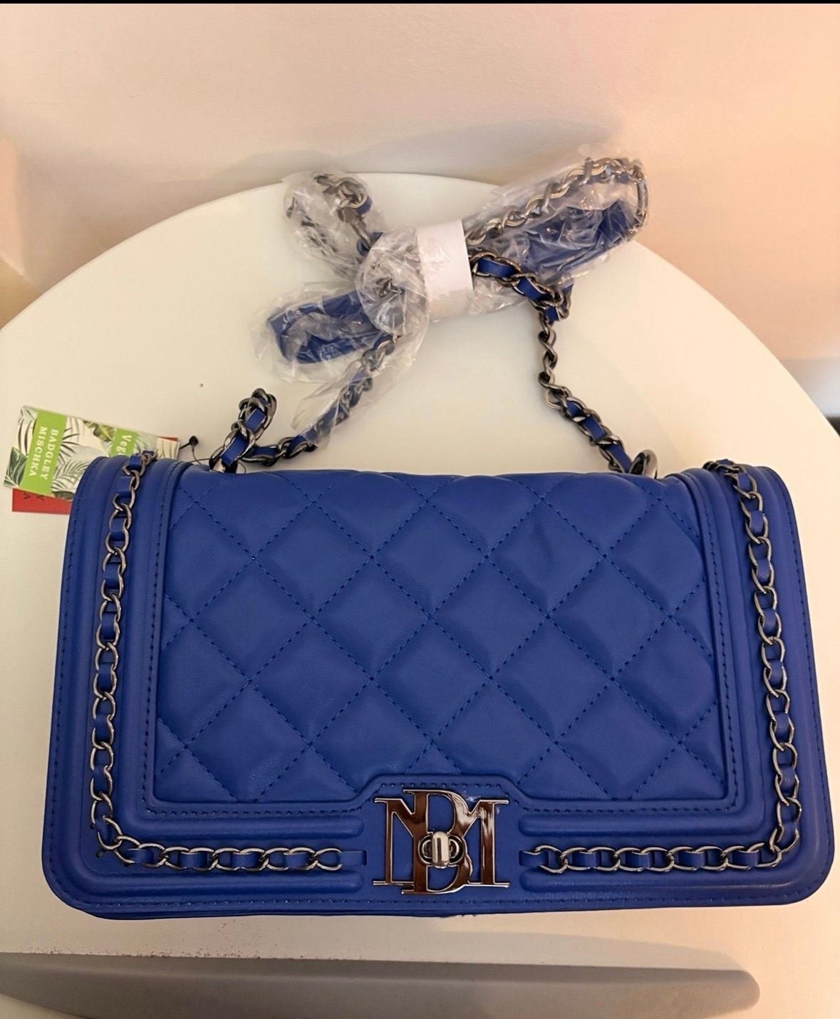 Badgley Mischka Blue Quilted Vegan Leather Chain Shoulder Bag