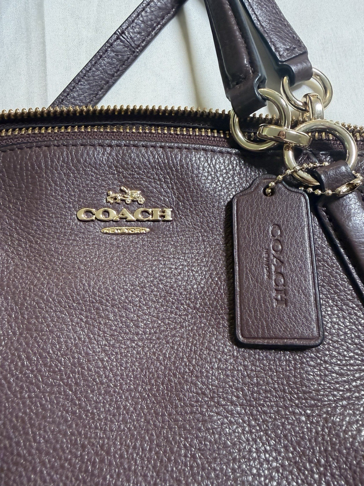 Coach Brown Pebbled Zip Satchel Top Handle Bag w/ Detachable Strap, Gold HW