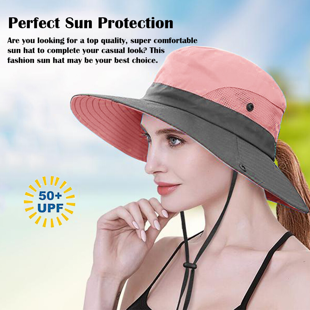 1/2Pack Womens Ponytail Sun Hat Bucket Wide Brim Boonie Beach Safari Cap Summer