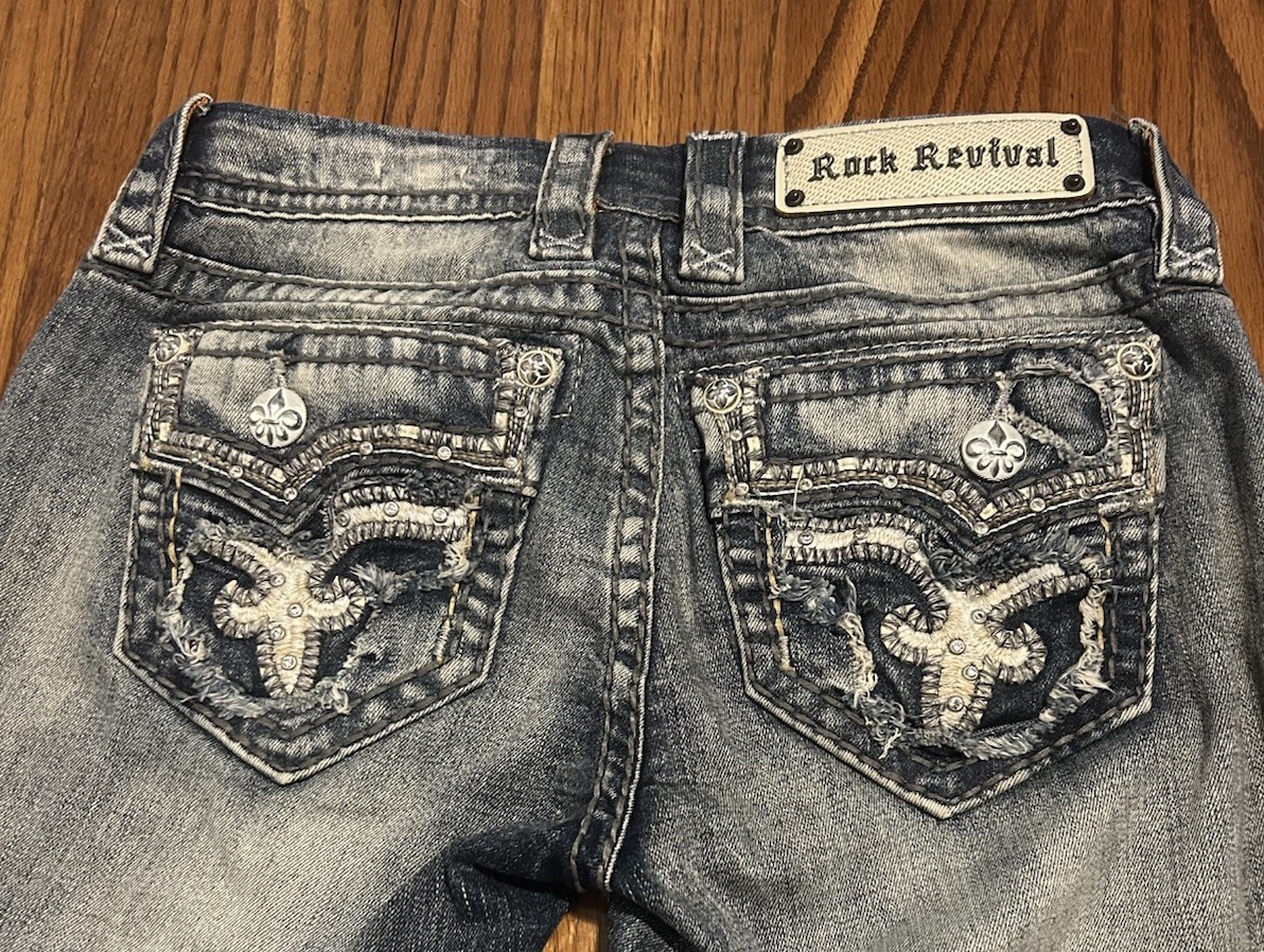 Rock Revival Embellished Distressed “Betty” Bootcut Jeans Size 25×29