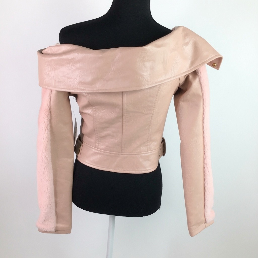 WOW Couture Faux Leather Off the shoulder biker jacket Pink , zip belt Size LRG