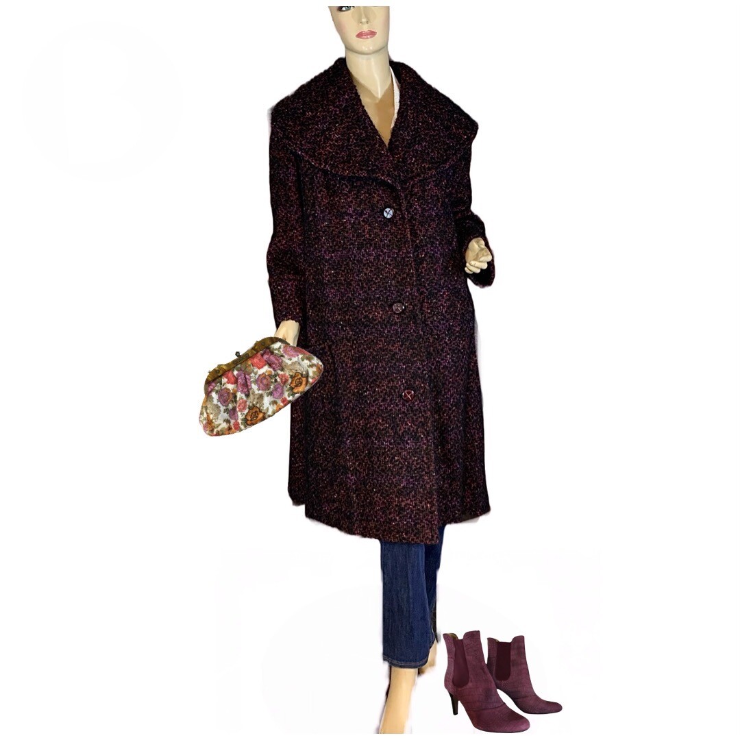 VINTAGE CIRCA 1960’S BLACK & PURPLE WOMEN’S OSCAR CAHN FABRIC WOOL COAT SZ 1X