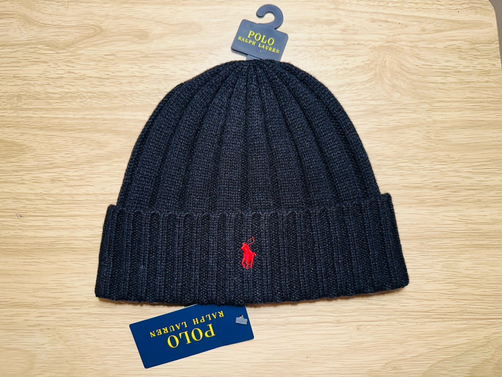 Polo Ralph Lauren ribbed cuff wool blend beanie hat black red NWT one size