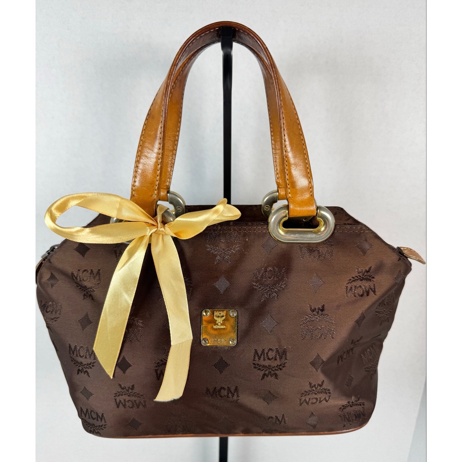 MCM Brown Monogram Nylon Handbag Cognac Leather Trim COA