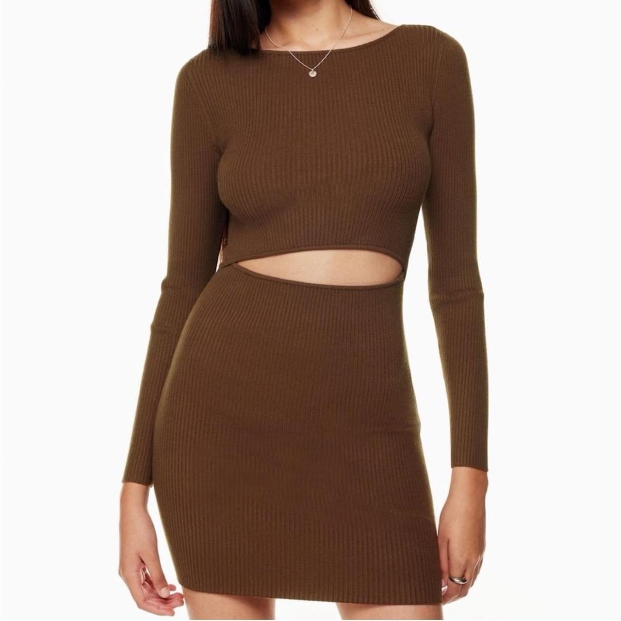 Aritzia Wilfred Cut Out Long Sleeve Knit Dress Brown Ribbed Small NWOT