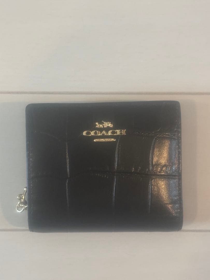 COACH Two Fold Wallet Crocodile Embossed Black