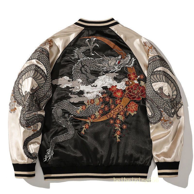 New Mens Bomber Japanese Pattern Embroidery Dragon Tattoo Sukajan Fashion Jacket