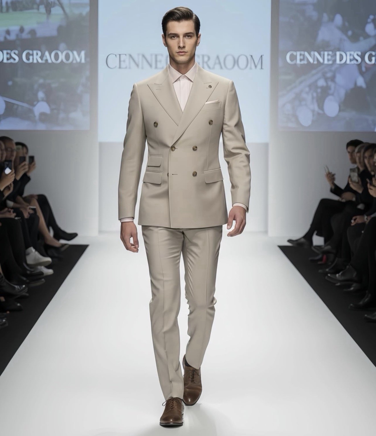 Cennes Des Graoom Indochino Slim Fit Double Breasted Taupe Suit Size 40R x 34W