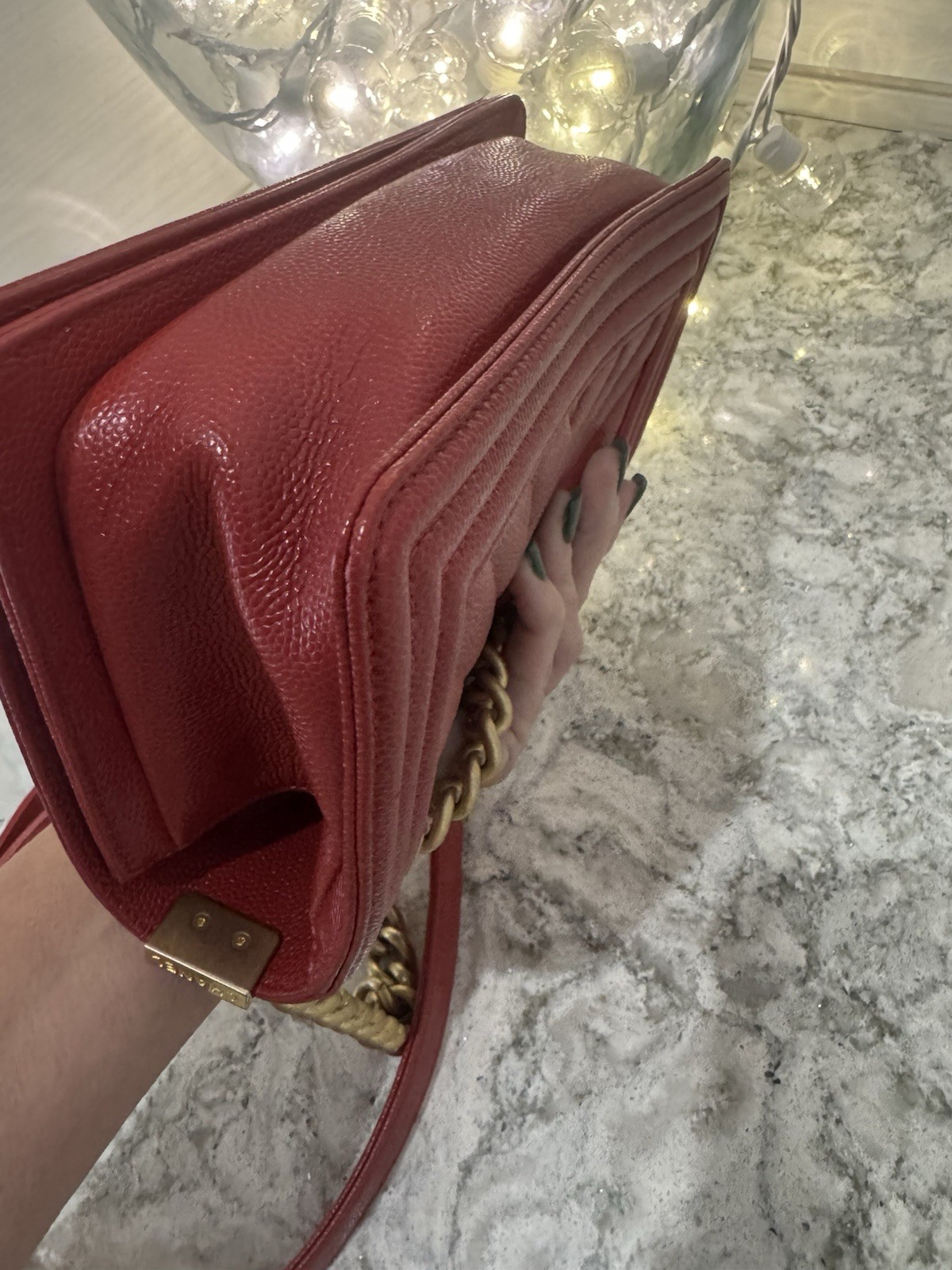 CHANEL Chevron Quilted Red Shoulder Bag Chain Strap CC Push Lock Gold HW