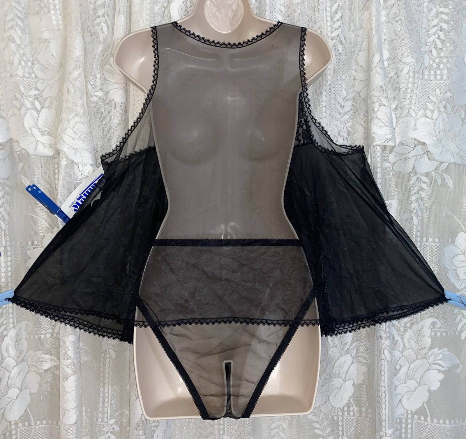 VTG NWT 1X Black Fancy Full Sheer Db Chiffon Babydoll Nightgown w Panty SET USA