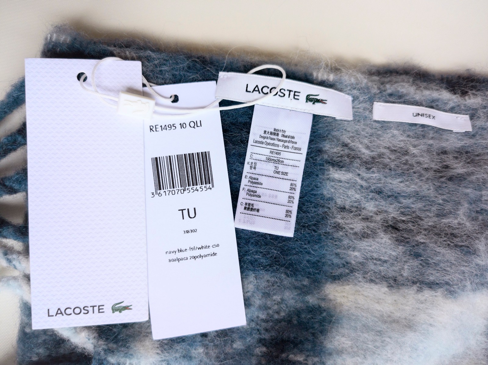 NP~$130 Lacoste Alpaca Scarf, Soft, Thick, Hairy! checked blue grey, warm scarf
