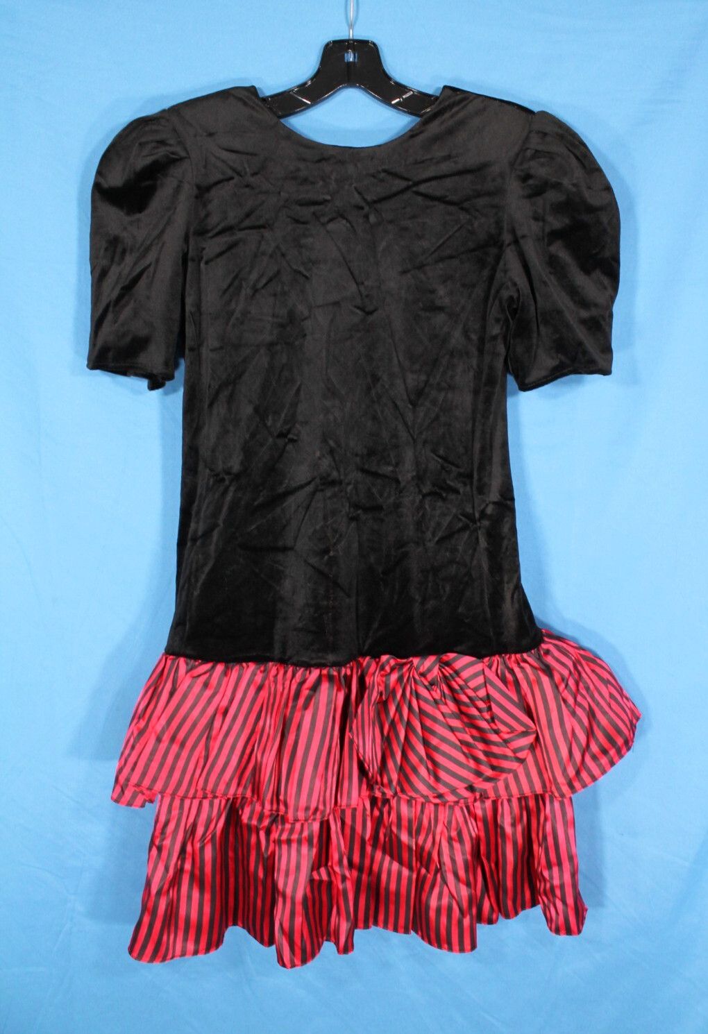 Vtg 80’s BREAKIN’ LOOSE Black Velvet Dress RED RUFFLE SATIN TIERED SKIRT 5/6 S