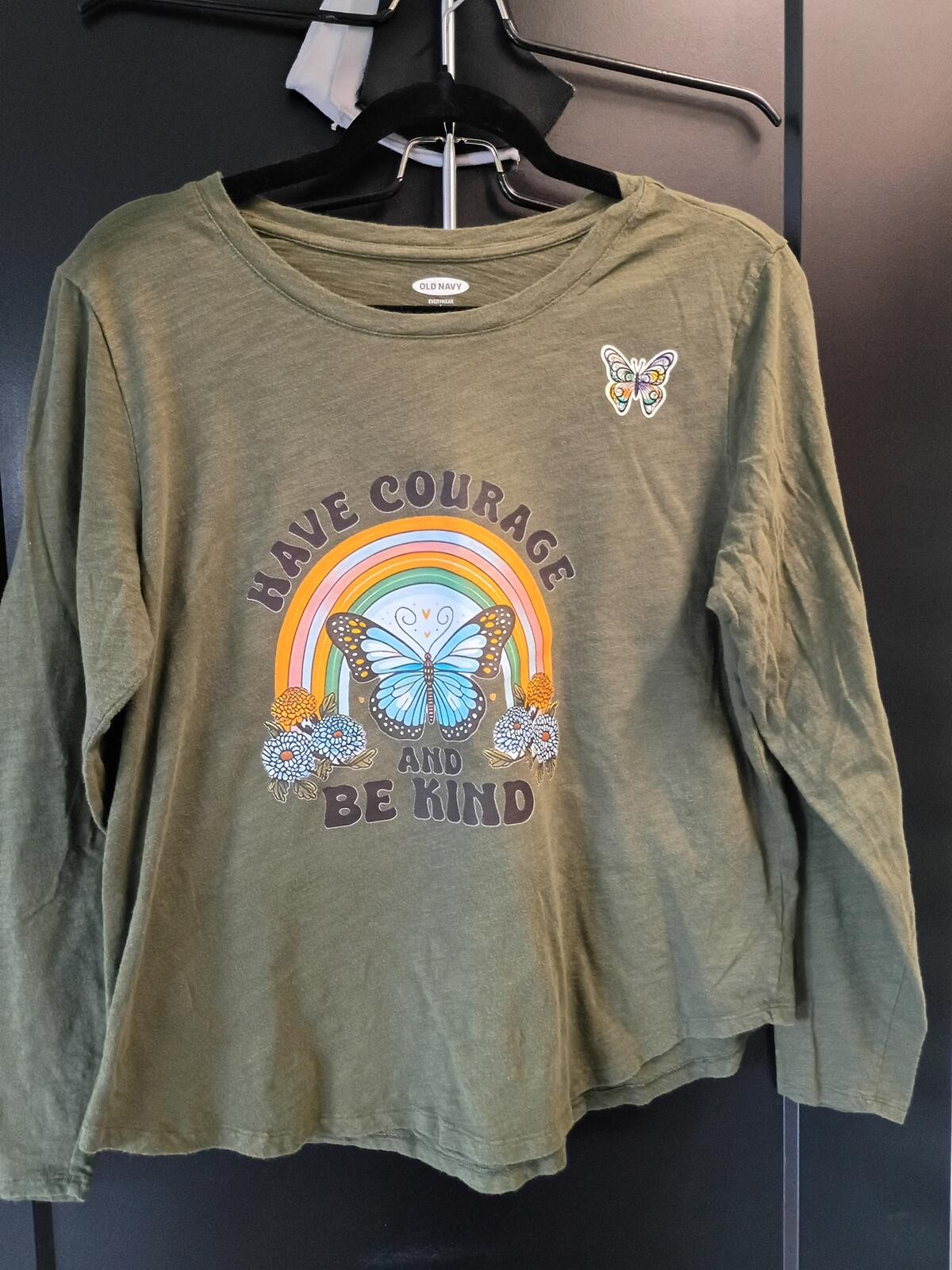 Olive Green Long Sleeve Graphic Butterfly Tee – “Have Courage and Be Kind”