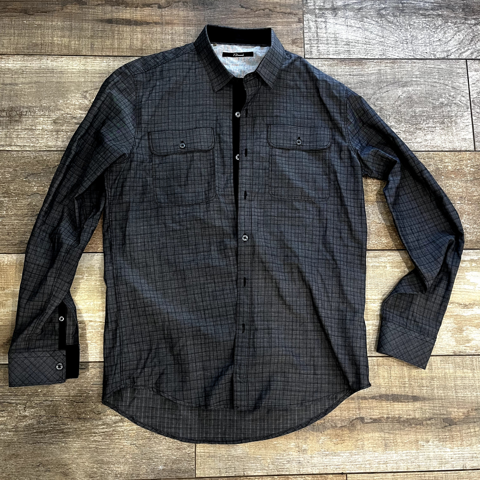 7 Diamonds Mens Shirt Medium Gray Black Elbow Pads Long Sleeves Flap Pockets