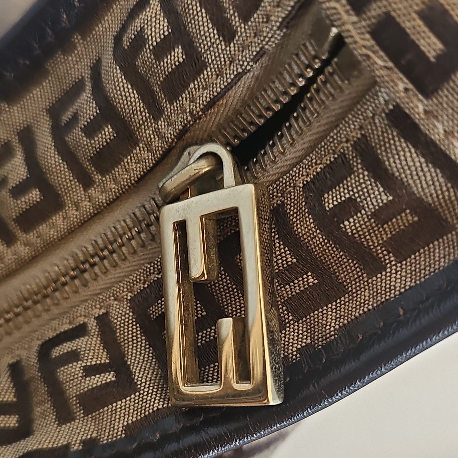Fendi Zucca FF Logo Shoulder Bag, Zip Closure, Braided Strap, Gold Hardware