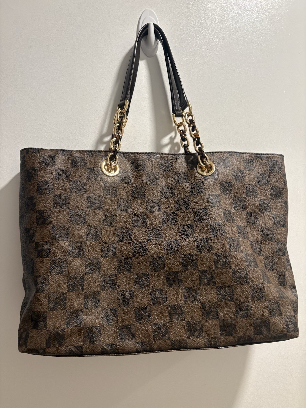 Michael Kors Brown Check Tote Bag Zip Closure Gold Hardware Chain Double Handles
