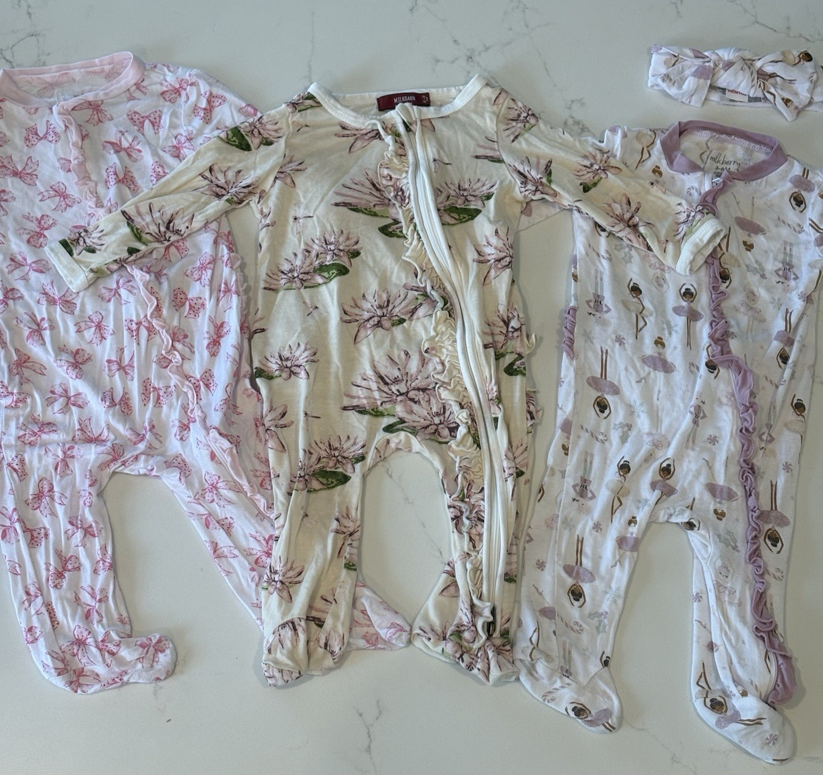 Milkbarn & Mulberry Baby Girl Lot 3 Bamboo Zippy Sleeper Ruffle Size 3-6M & 6-9M