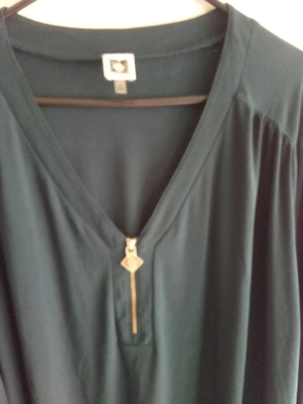 Plus Sz3X Anne Klein Teal V-Neck Long Sleeve Top with Gold Zip Pull