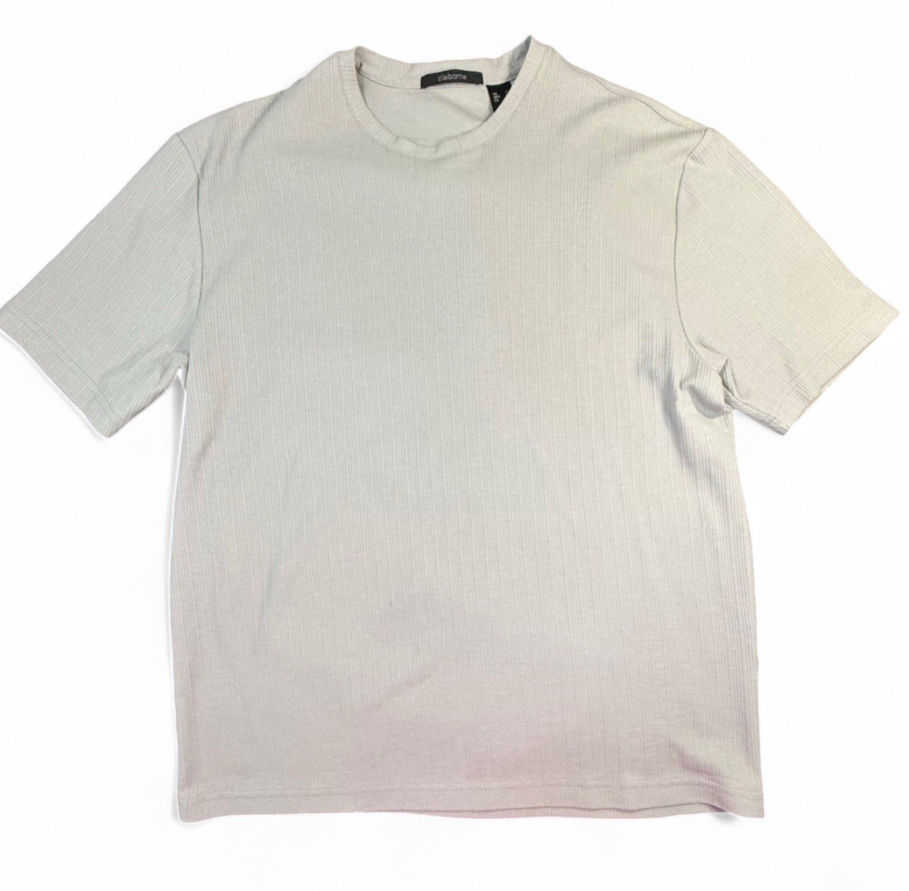 CLAIBORNE GRAY RIBBED SHORT-SLEEVE TOP, SIZE XL, CHEST 44 IN, LENGTH 28 IN