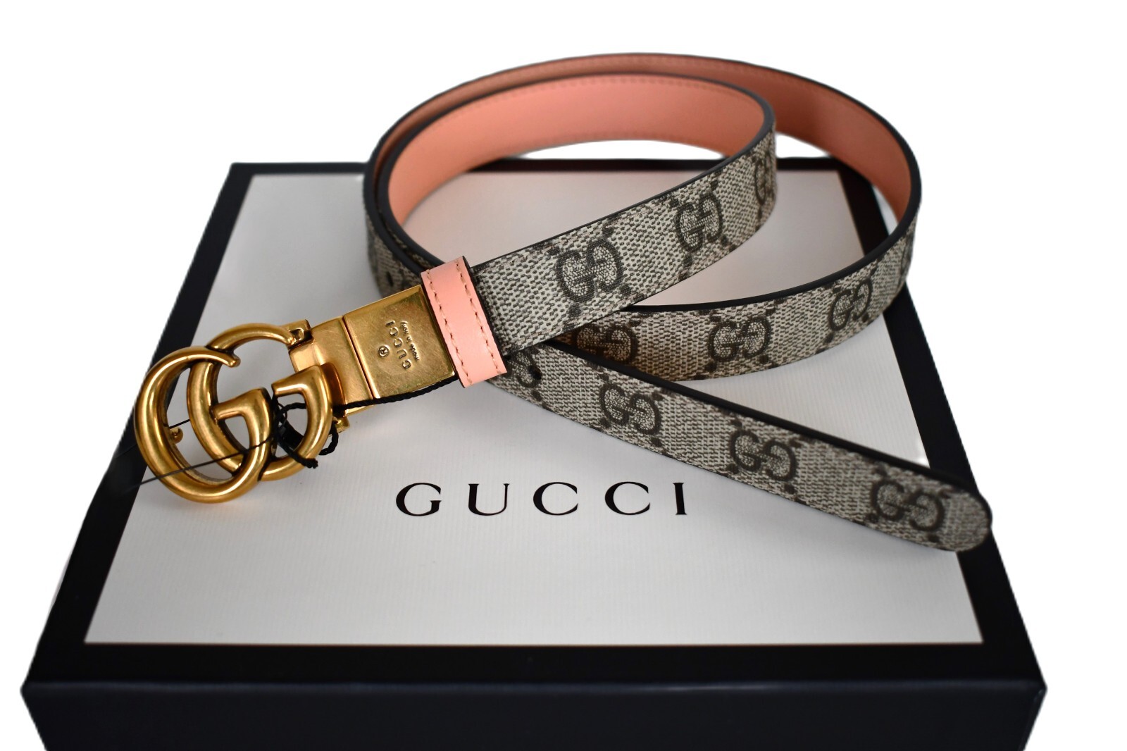 🆕️Auth GUCCI Beige Ebony Peach GG MARMONT REVERSIBLE Women’s Belt IT-80 US-32