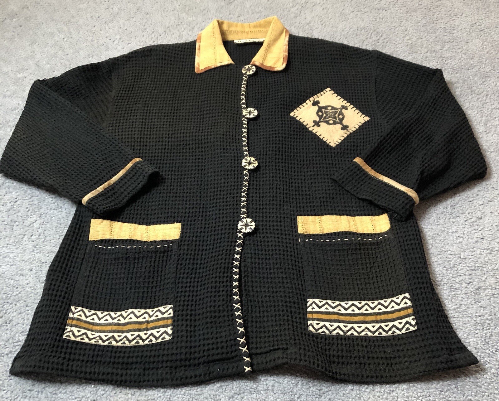 Vtg Waffle Knit Cardigan Jacket Women’s L Black Button Up Pockets Tribal Goth
