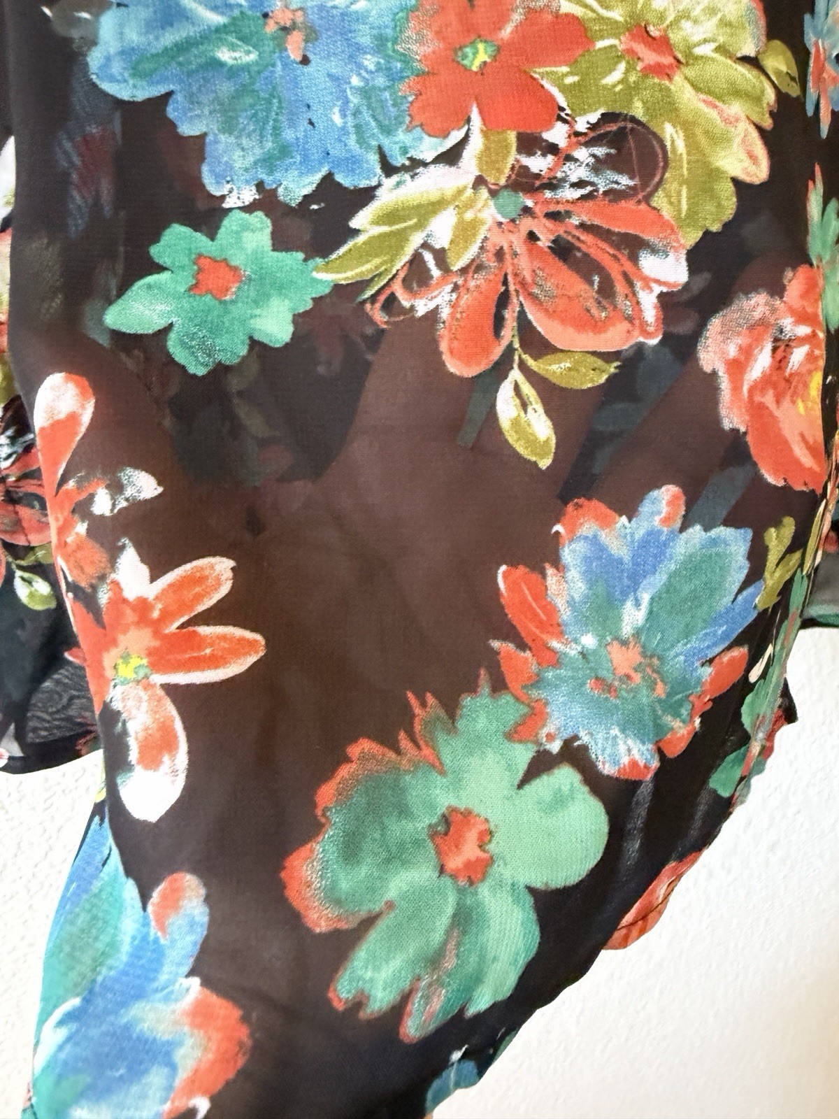 Chenault Womens Floral Chiffon Sheer Batwing Blouse Top Black Multicolor L