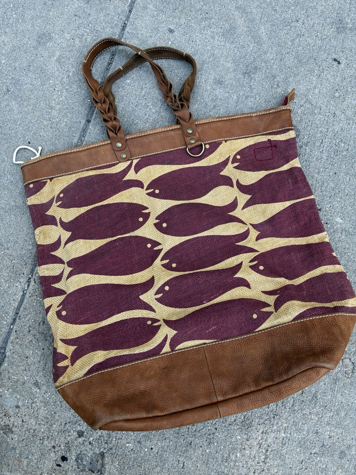 Vintage Gap Large Leather Jute Fish Tote Bag