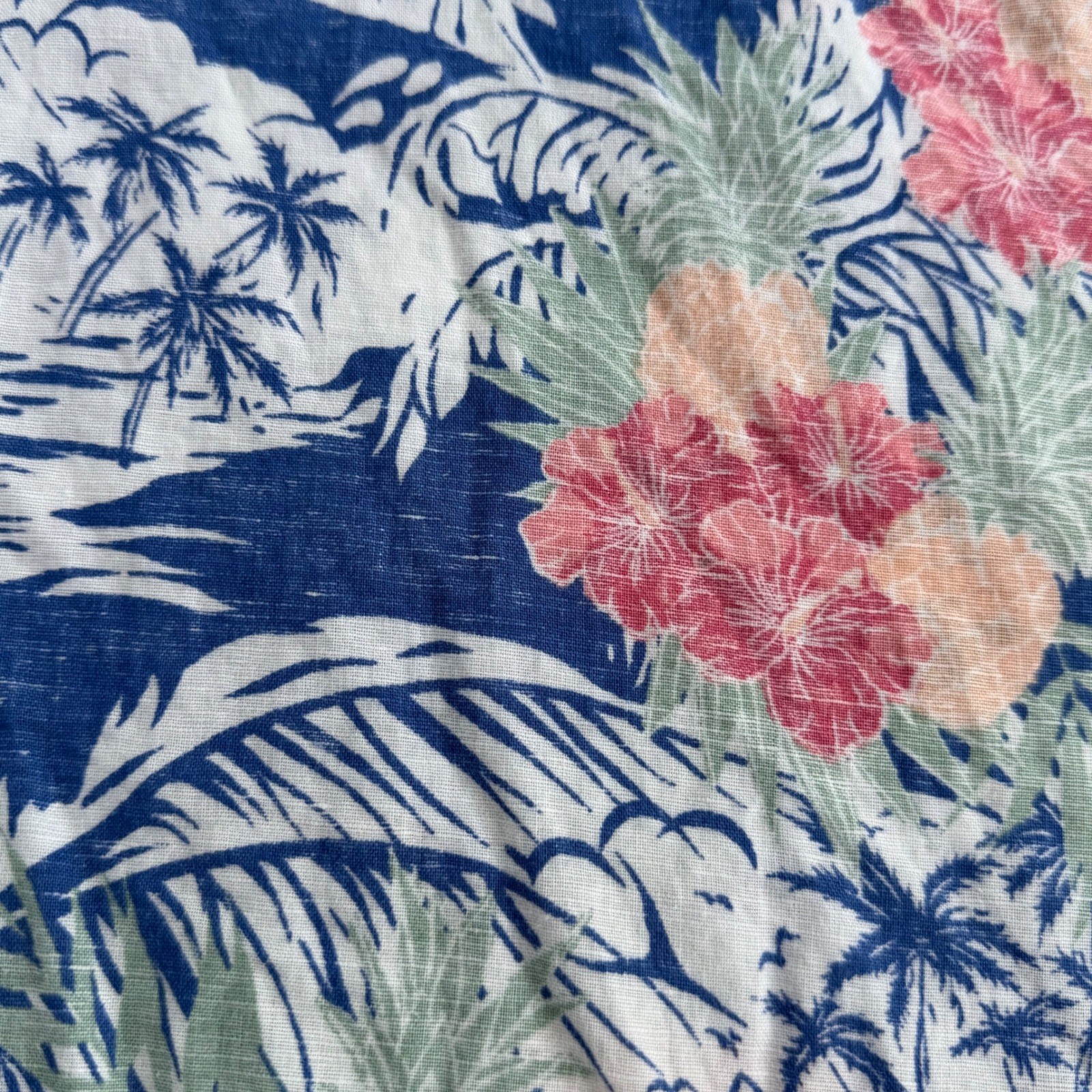Caribbean Mens XL Linen Cotton Tropical Hawaiian Shirt Pineapple Hibiscus Blue