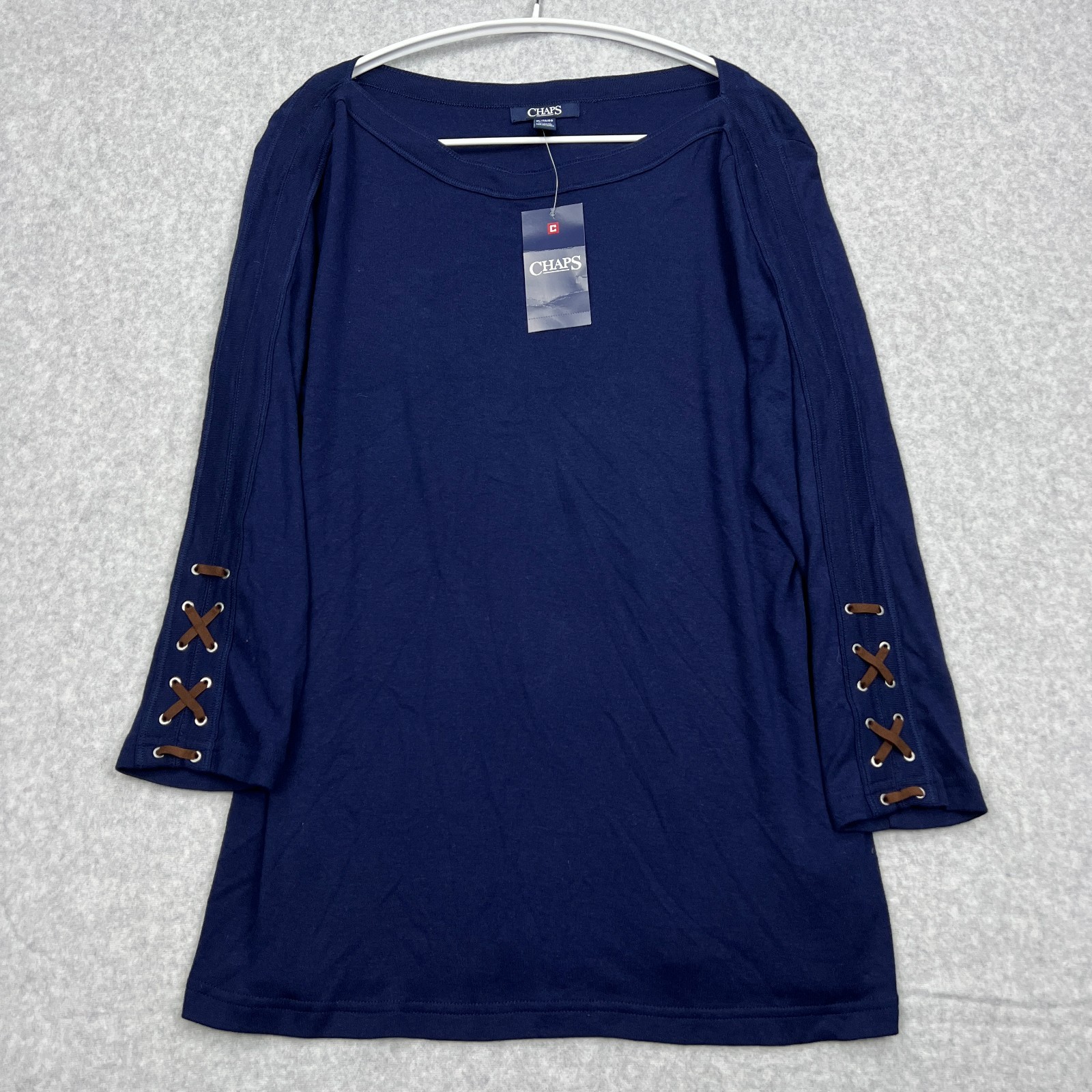 CHAPS Top Women’s XL Ranch Side Blue Boat Neck Lace Sleeves Pullover Tunic Shirt