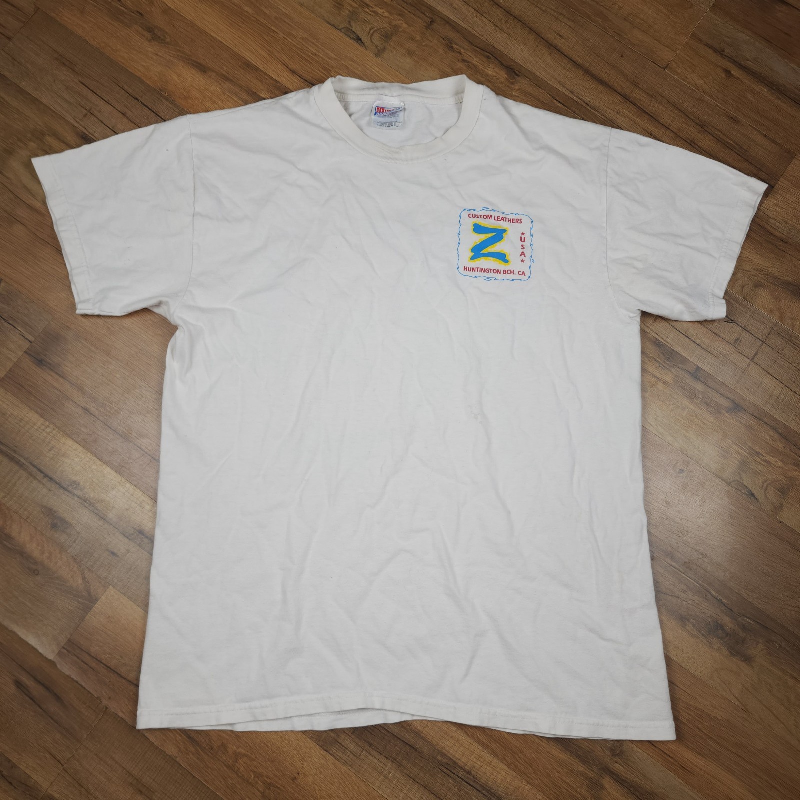 Vintage Z’s Custom Leathers Motorcycle Racing Tee Mens L White Biker CA Y2K