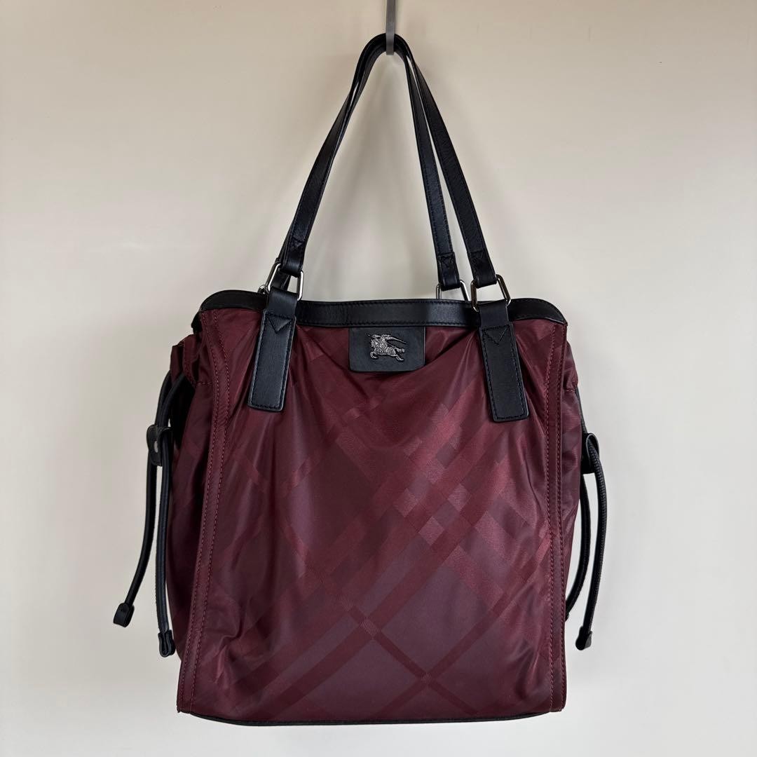 Burberry Burgundy Check Nylon Leather Tote Bag 13.4×11.4×2.4in Used